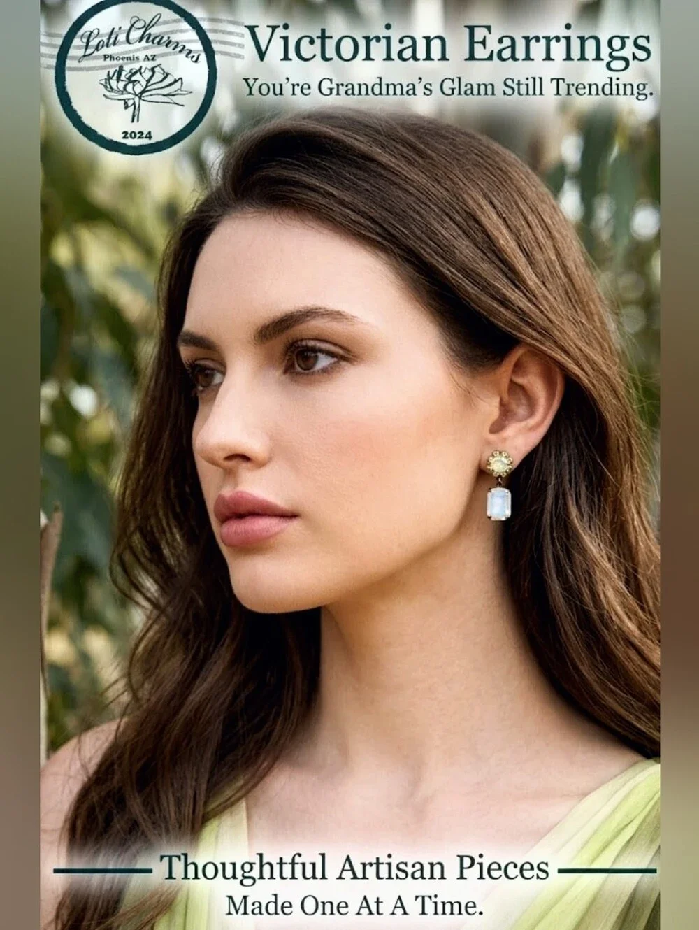 Bright Apple Green Crystals W/ Flower In Octagon Antique Bronze Artisan Earrings